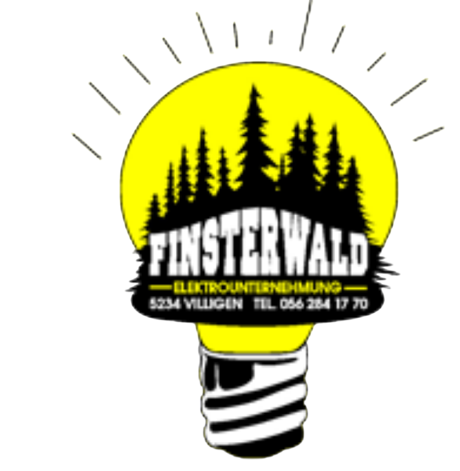 Logo: leuchtende Glühbirne mit Tannenwald und Schriftzug Finsterwald